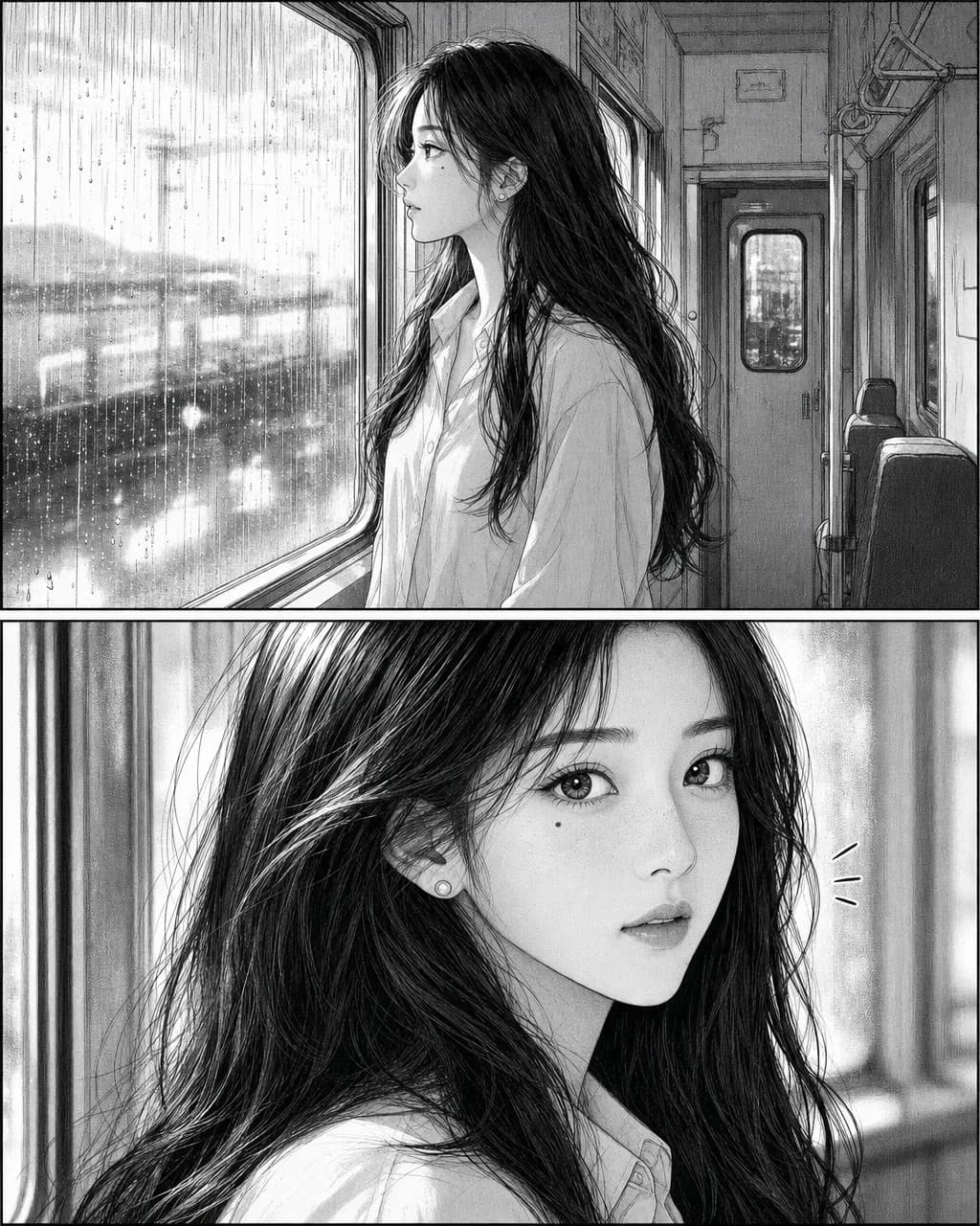 Two black-and-white manga panels of the woman from the reference photograph — standing at a rainy train window above, a close reaction shot below, drawn in ink with screentone shading