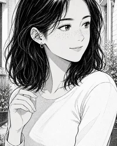 Mina rendered in manga style — black and white ink with screentones, same character preserved