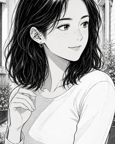 Mina rendered in manga style — black and white ink with screentones, same character preserved