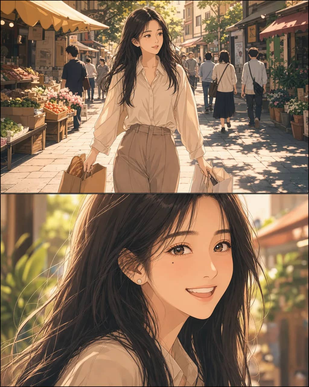 The same woman in cel-shaded anime colour, cream shirt and pearl stud, warm afternoon light through a window behind her