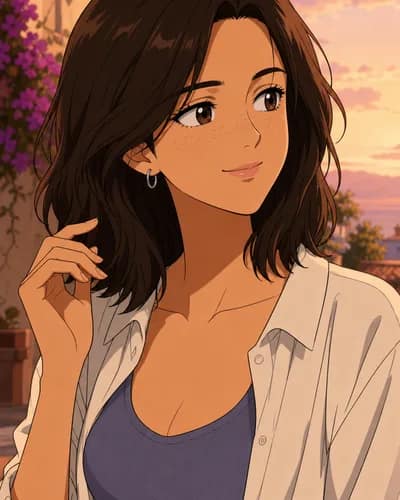 Mina rendered in anime style — cel-shaded color with expressive features