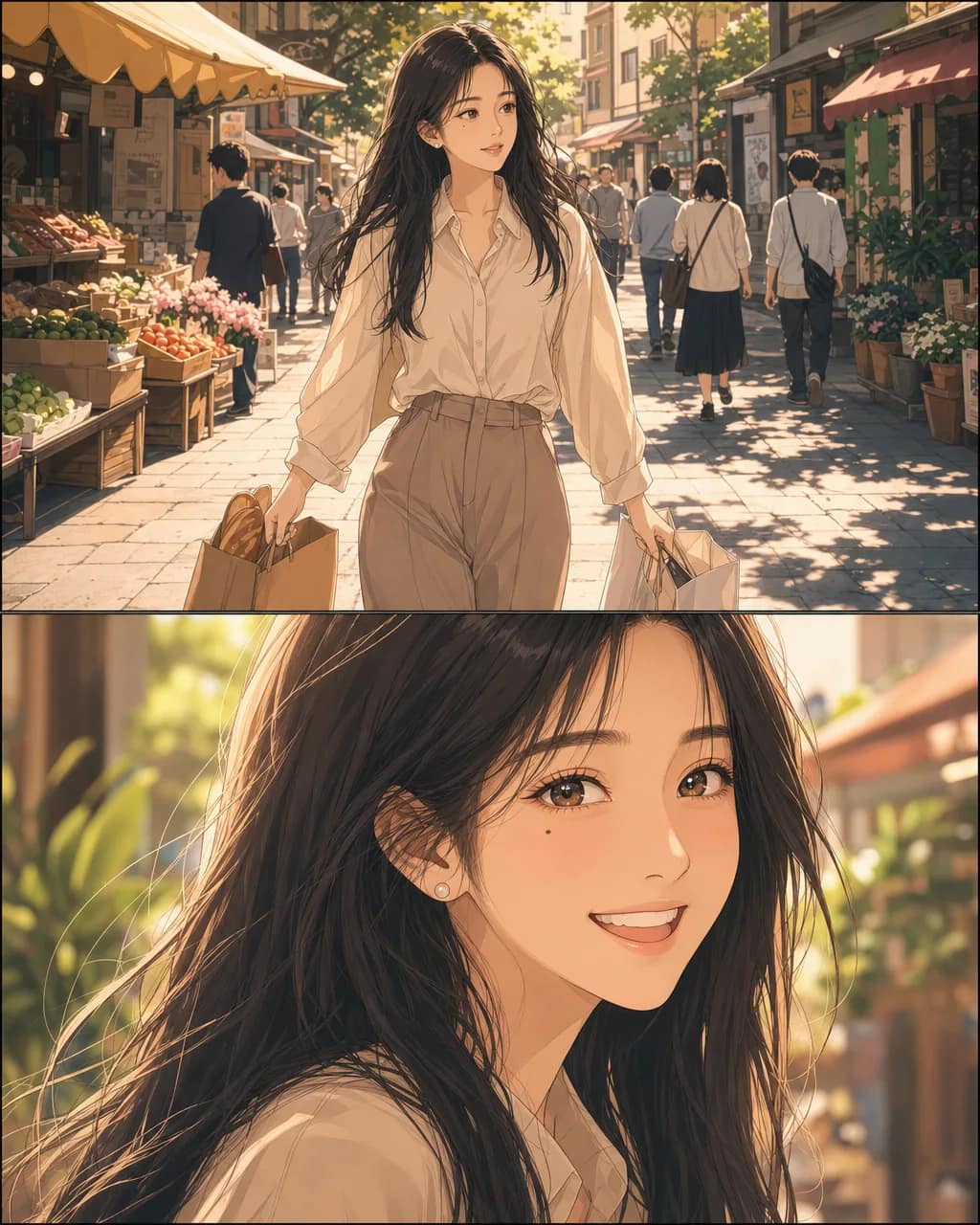 Two cel-shaded anime panels of the same woman — walking a sunlit street market above, laughing in close-up below, warm afternoon light in both