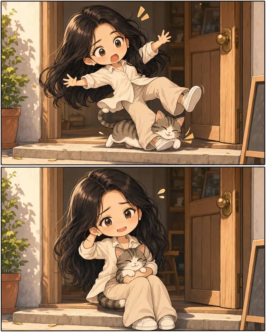 The same woman in a soft cartoon style with large eyes and a broad smile, cream shirt and pearl stud, plain cream background