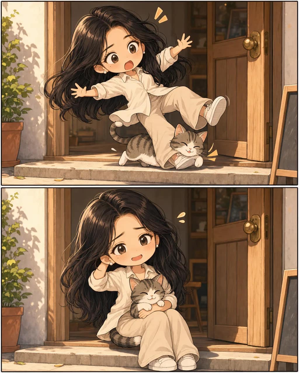 Two chibi cartoon panels of the same woman — tripping over a cat on a doorstep above, sitting with it in her lap below, oversized heads and bright colour