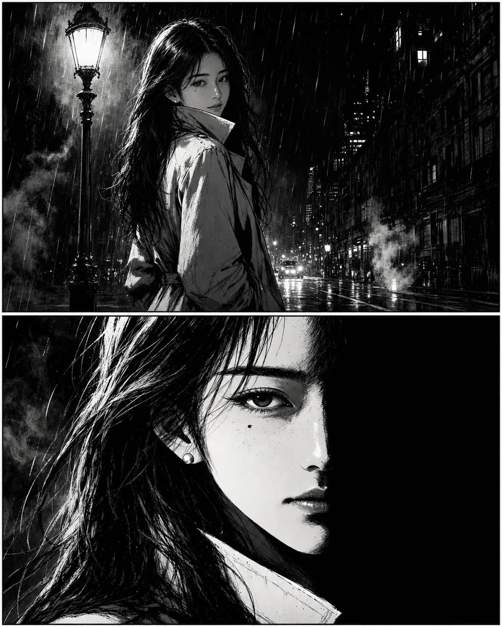 The same woman in high-contrast noir ink, hard shadow across half her face, freckles just visible in the lit half