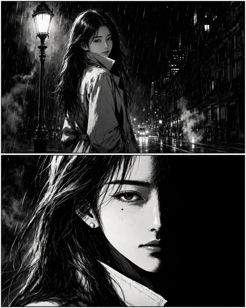 Two high-contrast noir panels of the same woman — under a streetlamp at night above, her face half in shadow below, ink brushwork with no mid-tones