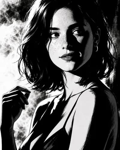 Mina rendered in noir style — high-contrast black and white with dramatic shadows