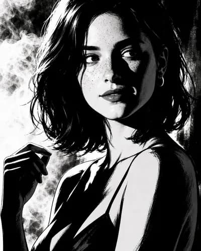 Mina rendered in noir style — high-contrast black and white with dramatic shadows
