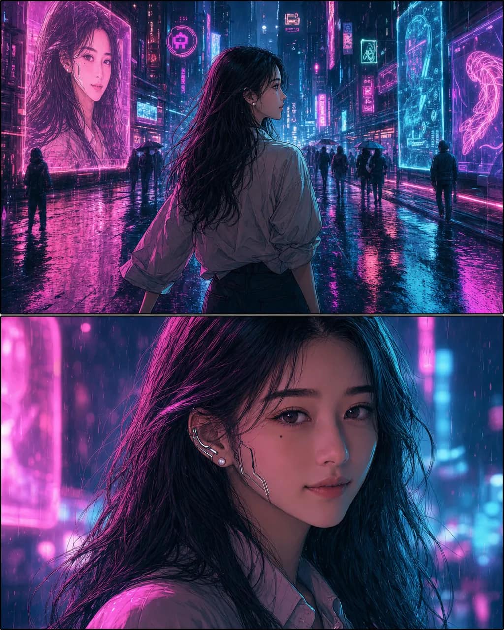 Two cyberpunk panels of the same woman — walking a rain-slicked neon street above, her face lit magenta and cyan below with an implant glowing at her ear