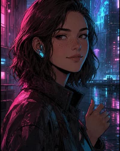 Mina rendered in sci-fi cyberpunk style — neon-lit with atmospheric rain and reflection