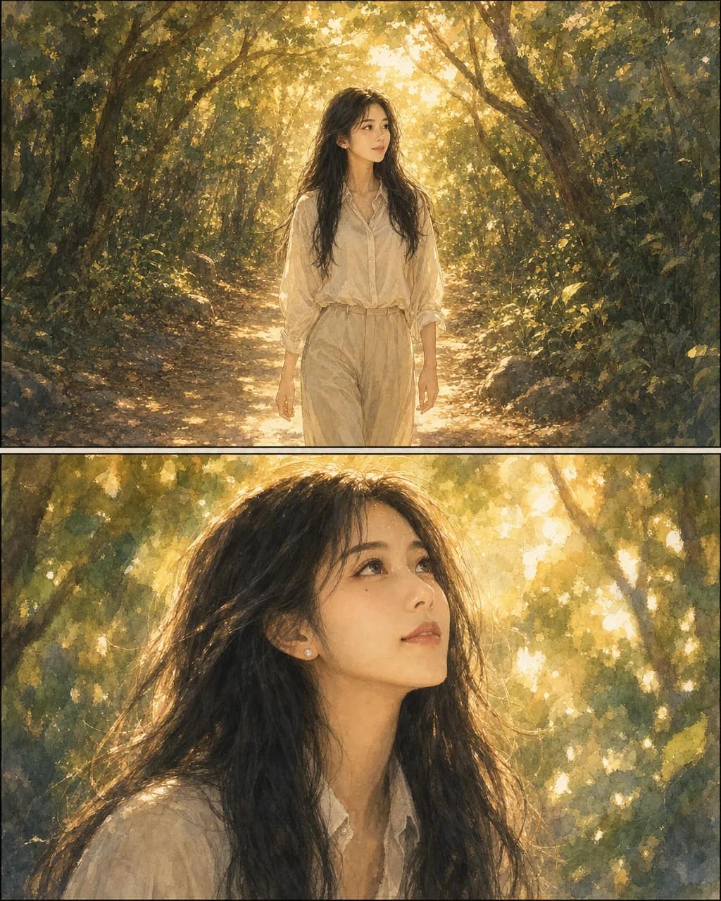 Two painterly fantasy panels of the same woman — walking a forest path in golden-hour light above, looking up past the treeline below, soft watercolour edges