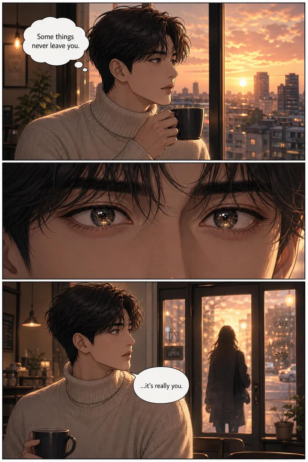 Sample 3-panel comic strip in Korean manhwa style — full color, cinematic sunset palette, same protagonist (Ji-hoon) across all 3 panels in cream turtleneck, thought bubble 'Some things never leave you.' Modern webtoon aesthetic.