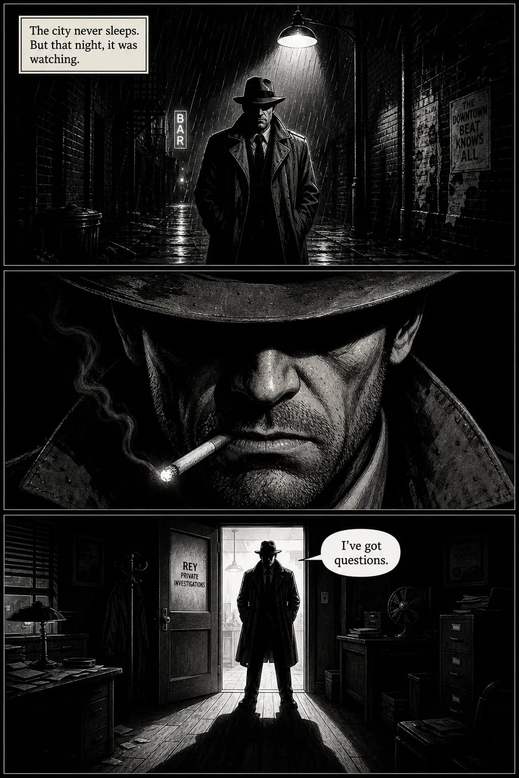 Sample 3-panel comic strip in noir style — high-contrast black-and-white chiaroscuro, same protagonist (Detective Rey) in fedora and trench coat across all 3 panels, cigarette ember lit against deep shadow, caption 'The city never sleeps.'