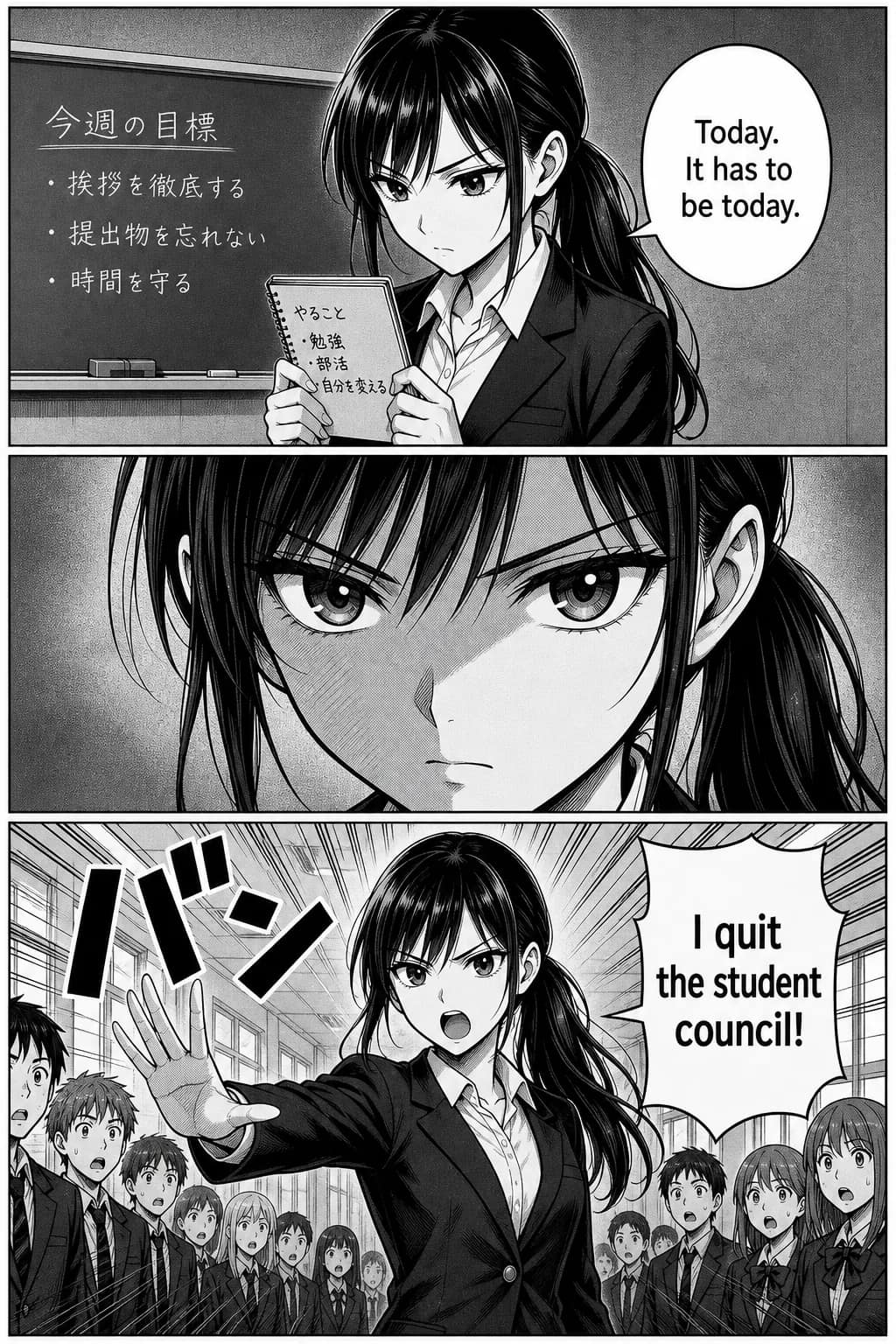 Sample 3-panel comic strip in shonen manga style — black-and-white with screentones, same protagonist (Kaede) across all 3 panels with dark ponytail and school blazer, katakana SFX 'バン', speech bubble 'I quit the student council!' Shonen manga aesthetic.