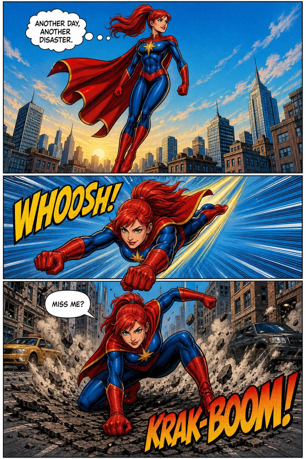 Sample 3-panel comic strip in Western superhero style — bright primary colors, same protagonist (Nova) in blue-and-red costume with red ponytail across all 3 panels, bold SFX 'WHOOSH!' and 'KRAK-BOOM!', speech bubble 'Miss me?' Classic Marvel-era aesthetic.
