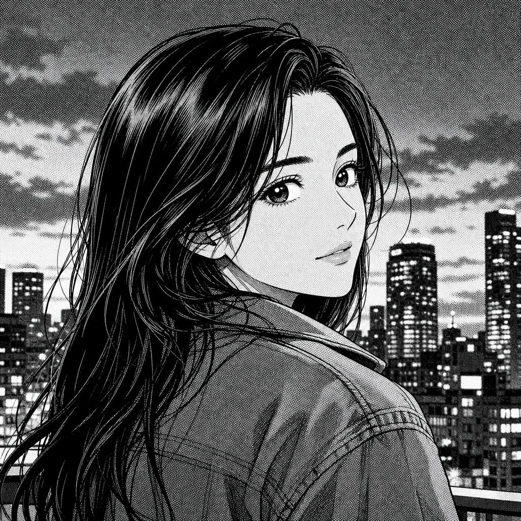 Close-up in Japanese manga style — a woman looking back over her shoulder at dusk, drawn in black and white with halftone screentone dots across the sky and jacket and heavy inked linework in the hair.