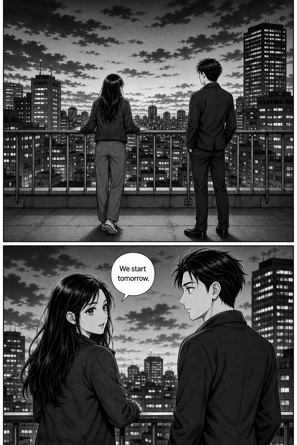 Two-panel comic page in Japanese manga style. A woman and a man stand at a modern rooftop railing at dusk with a city skyline behind them; the second panel shows her turning to speak. Rendered entirely in black and white with screentone shading.
