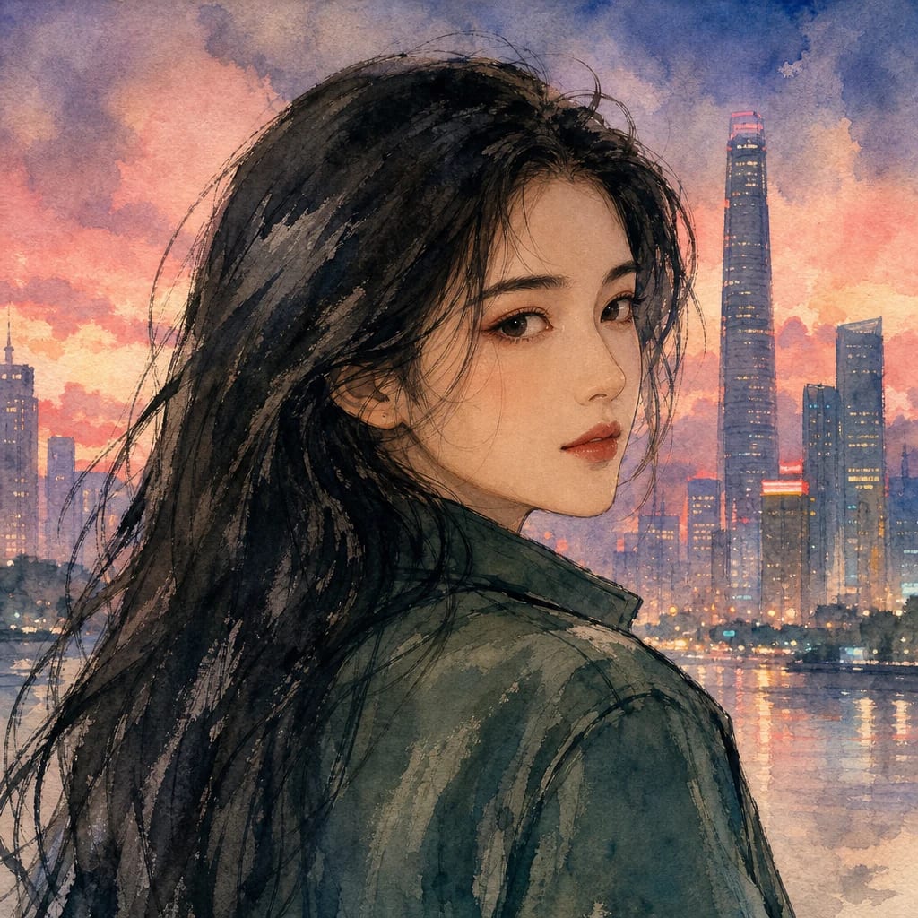 Close-up in Chinese manhua style — the same woman and dusk light painted in watercolour washes that bleed at the edges, with visible brush strokes and paper texture showing through.