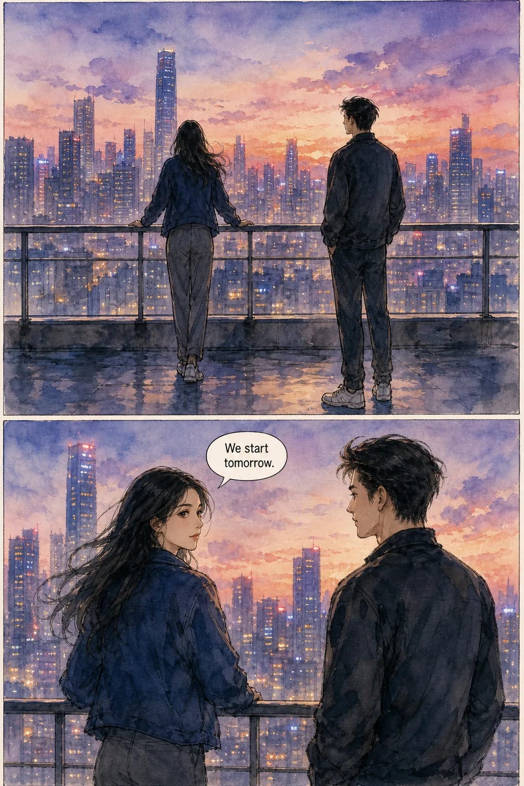 The same two-panel rooftop scene in Chinese manhua style. Identical characters, poses, framing and dialogue, rendered in ink-wash influenced watercolour with visible brush edges and a hazy distant skyline.