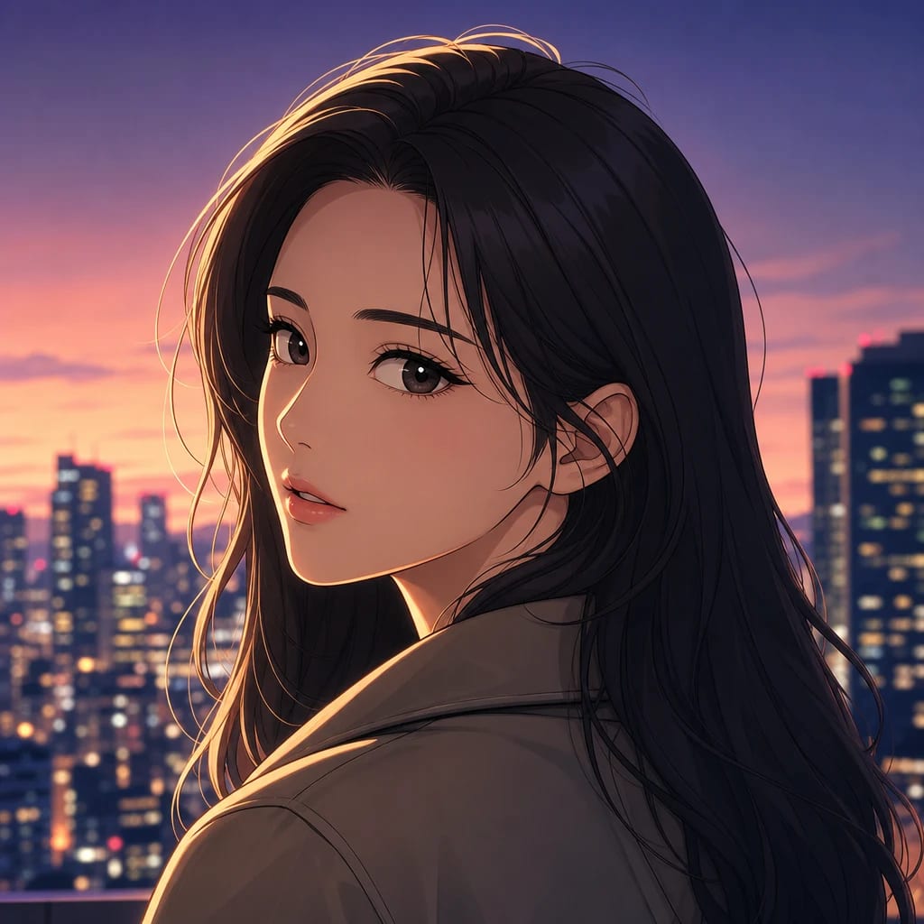 Close-up in Korean manhwa style — the same woman and dusk light in full colour, with smooth airbrushed gradients, rim-light along the jaw and hair, and a softly blurred city background.