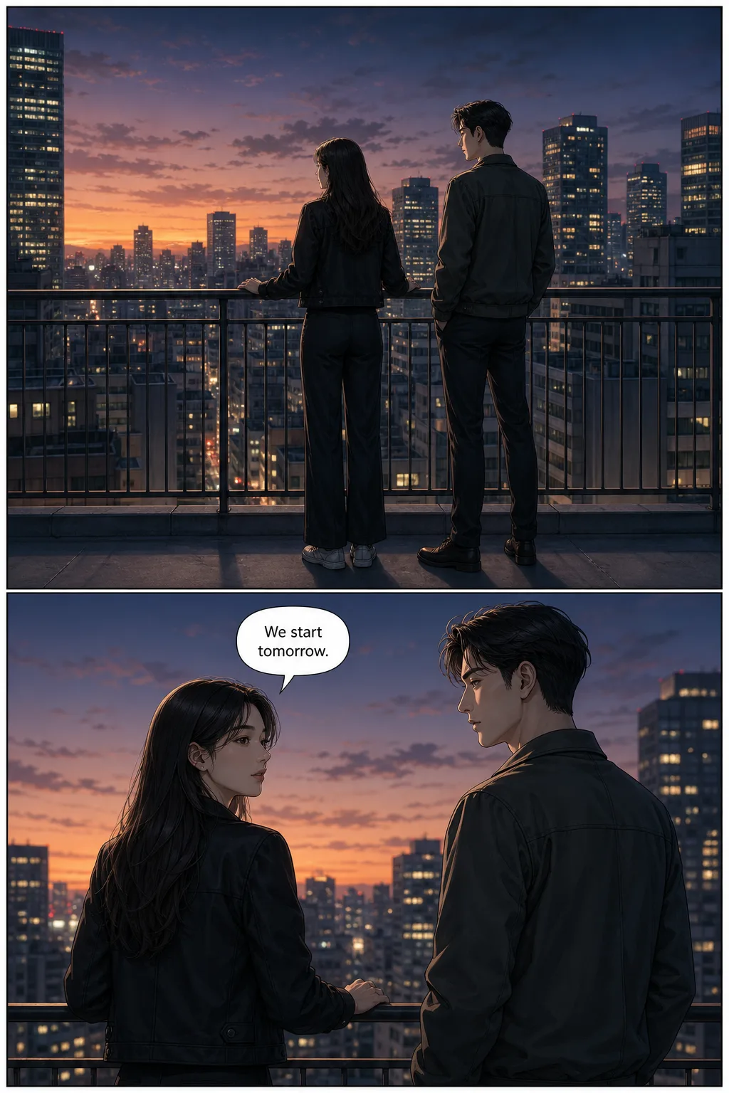 The same two-panel rooftop scene in Korean manhwa style. Identical characters, poses, framing and dialogue, rendered in full colour with realistic proportions, modern clothing and cinematic dusk lighting.