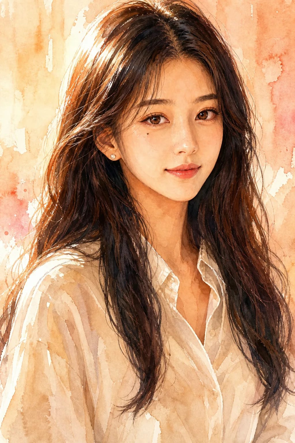 Same portrait converted to rich contemporary watercolor illustration — warm terracotta and rose tones with confident painterly brushwork.