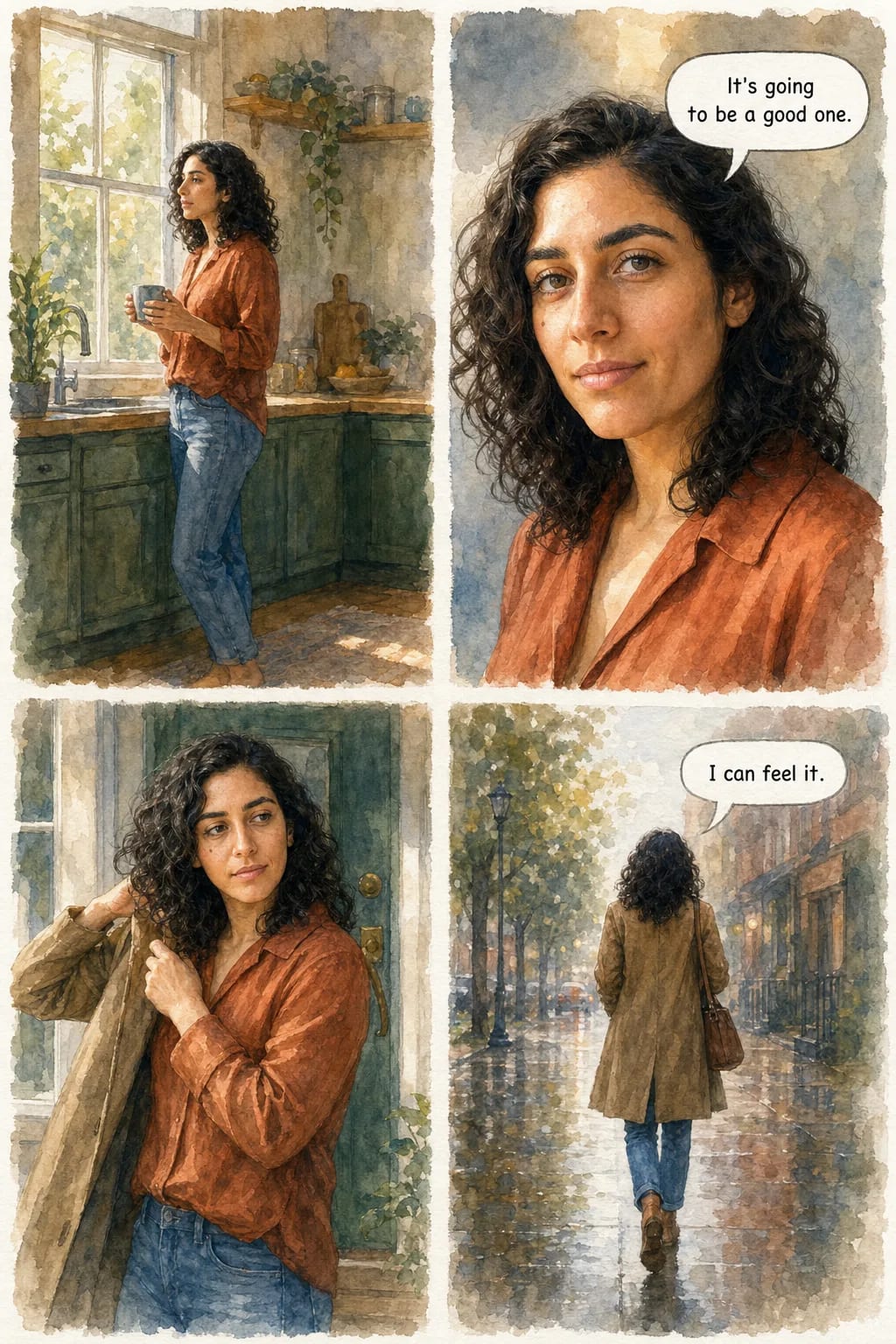 A four-panel comic page painted in watercolor: a woman at a kitchen window with a mug, a close view of her half-smiling, pulling on a coat by the door, then walking away down a wet street. Two speech bubbles read 'It's going to be a good one.' and 'I can feel it.'