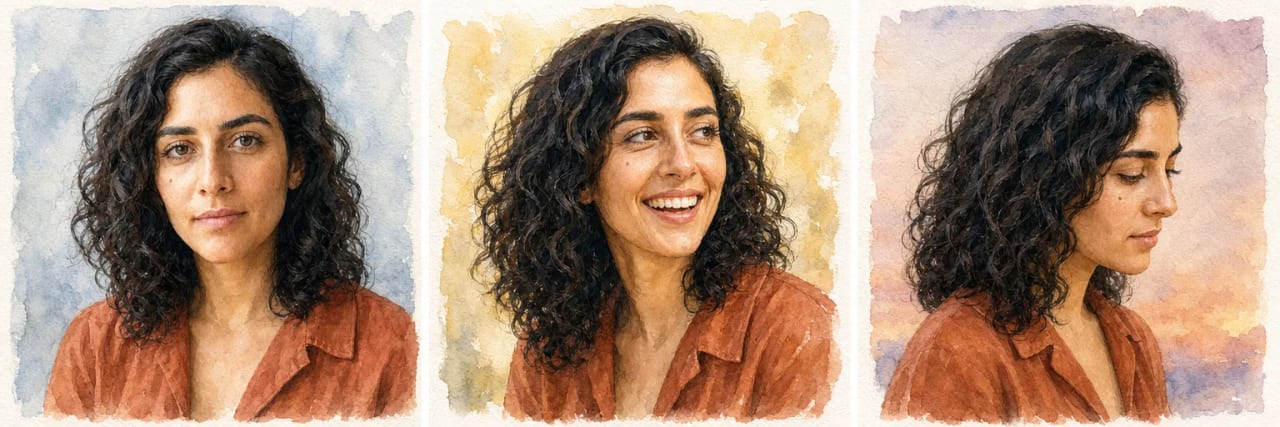 Three watercolor portrait panels of the same woman side by side — facing forward in cool light, laughing in three-quarter view under warm light, and in profile at dusk. The same curly dark hair, eyebrows and small mole on her left cheek in all three.