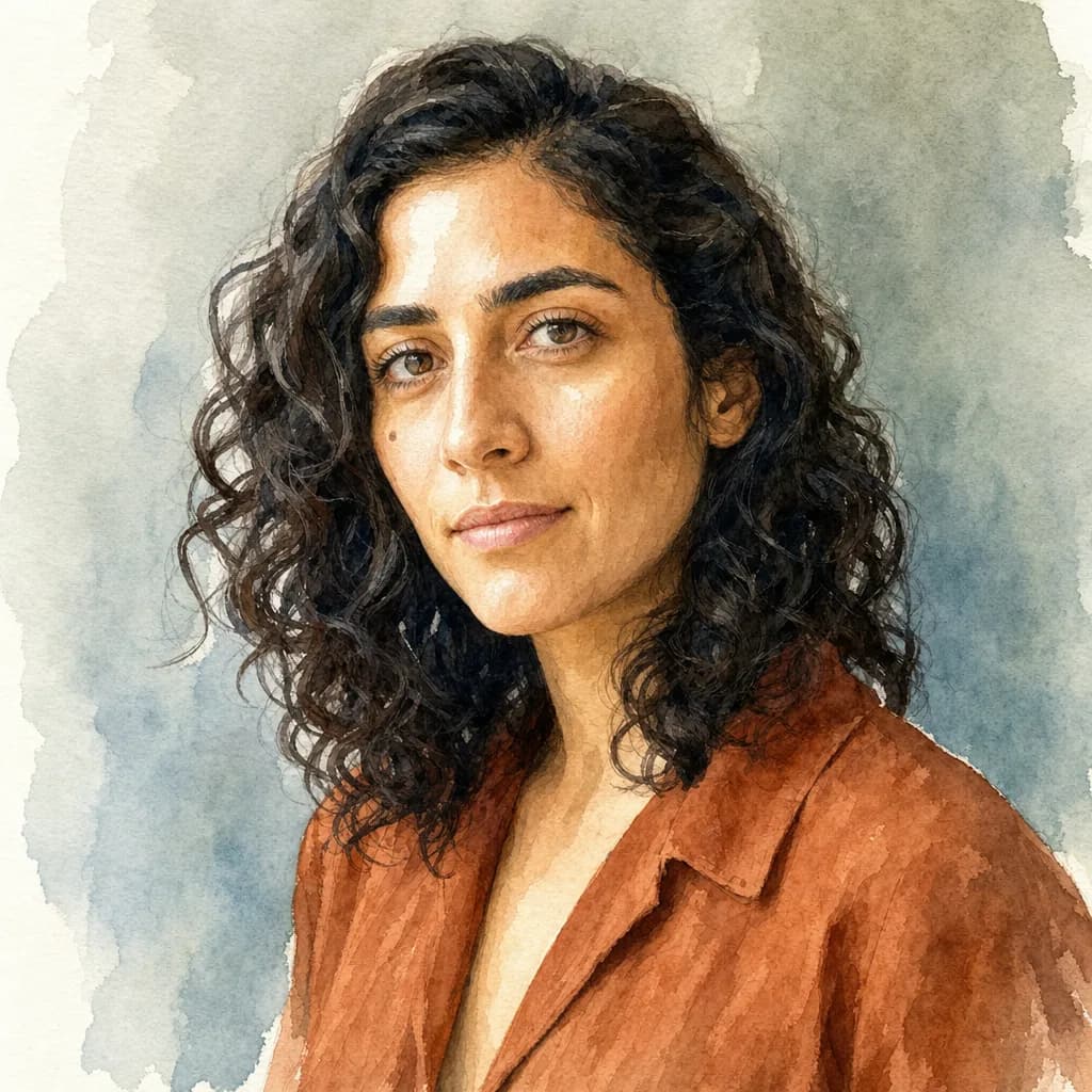 A watercolor portrait of a woman with dark curly hair in a rust linen shirt, washes softening the skin and the bare paper left as the highlight on her cheekbone.