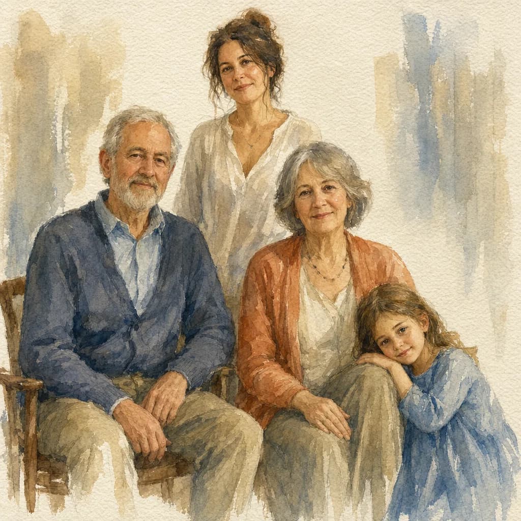 A watercolor family portrait of four people — two seated, a younger woman standing behind, a child leaning in — with clear background visible between each figure.