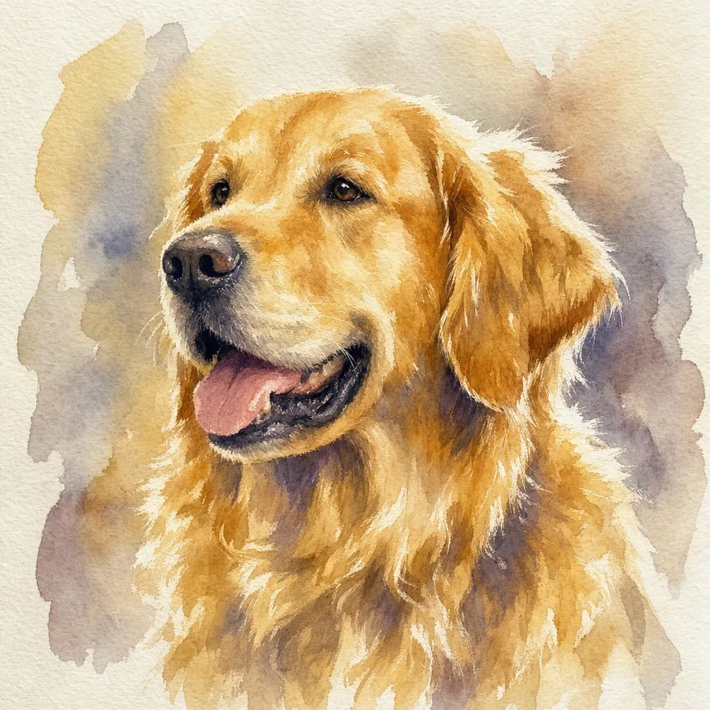 A watercolor portrait of a golden retriever, the wet edges of the washes reading as depth in the fur and dry-brush strokes at the silhouette.