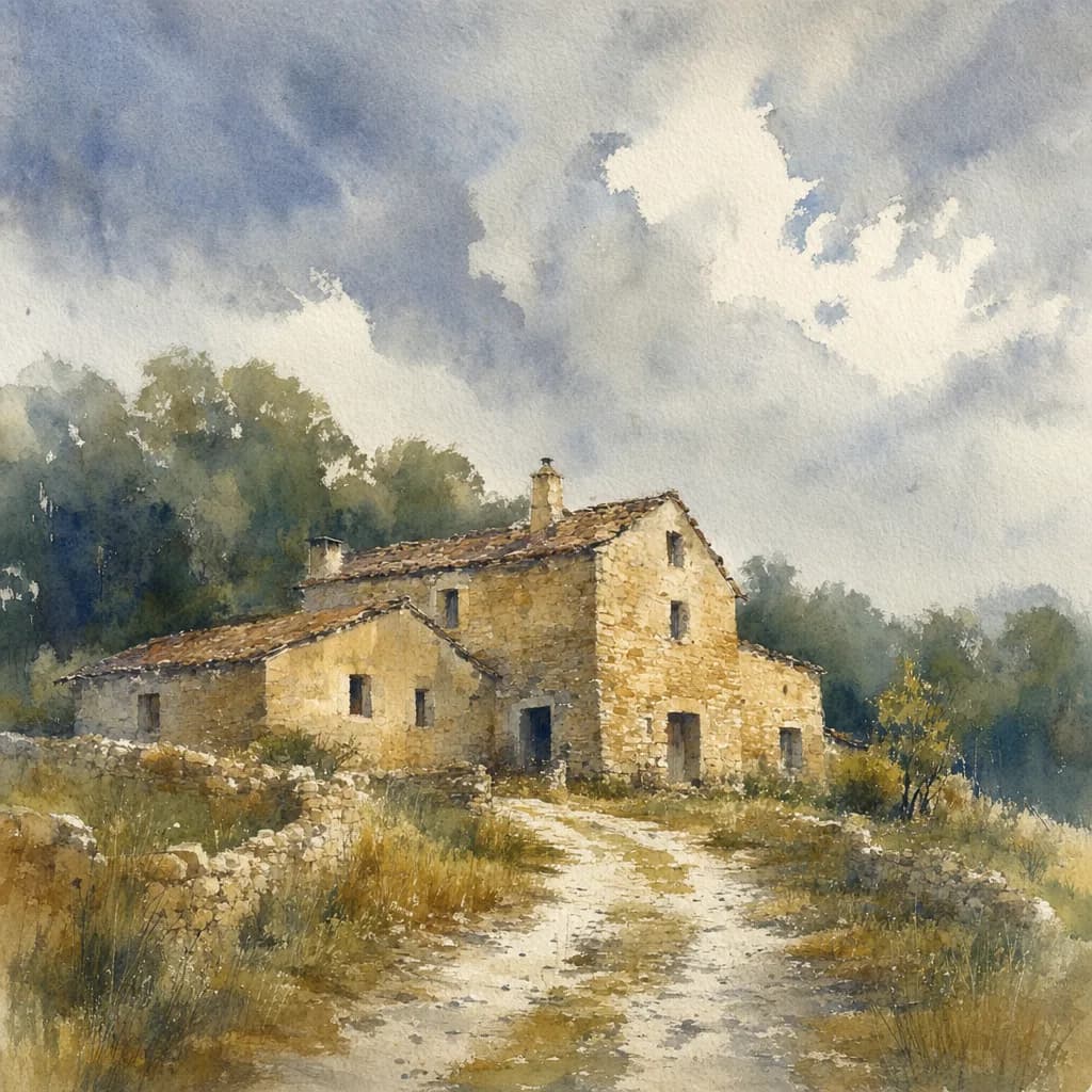 A watercolor painting of a stone farmhouse at the end of a gravel track under a wide wet-in-wet sky, the architectural edges left loose.