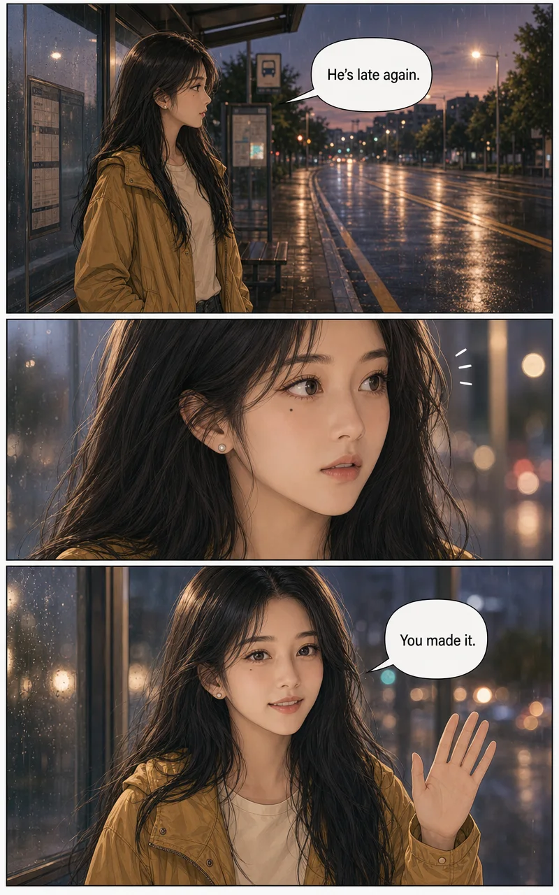 A vertical webtoon section of three panels: a woman in a mustard jacket waiting at a rainy bus stop saying “He’s late again,” a close-up of her turning at something off-frame, and her smiling and raising a hand saying “You made it.”