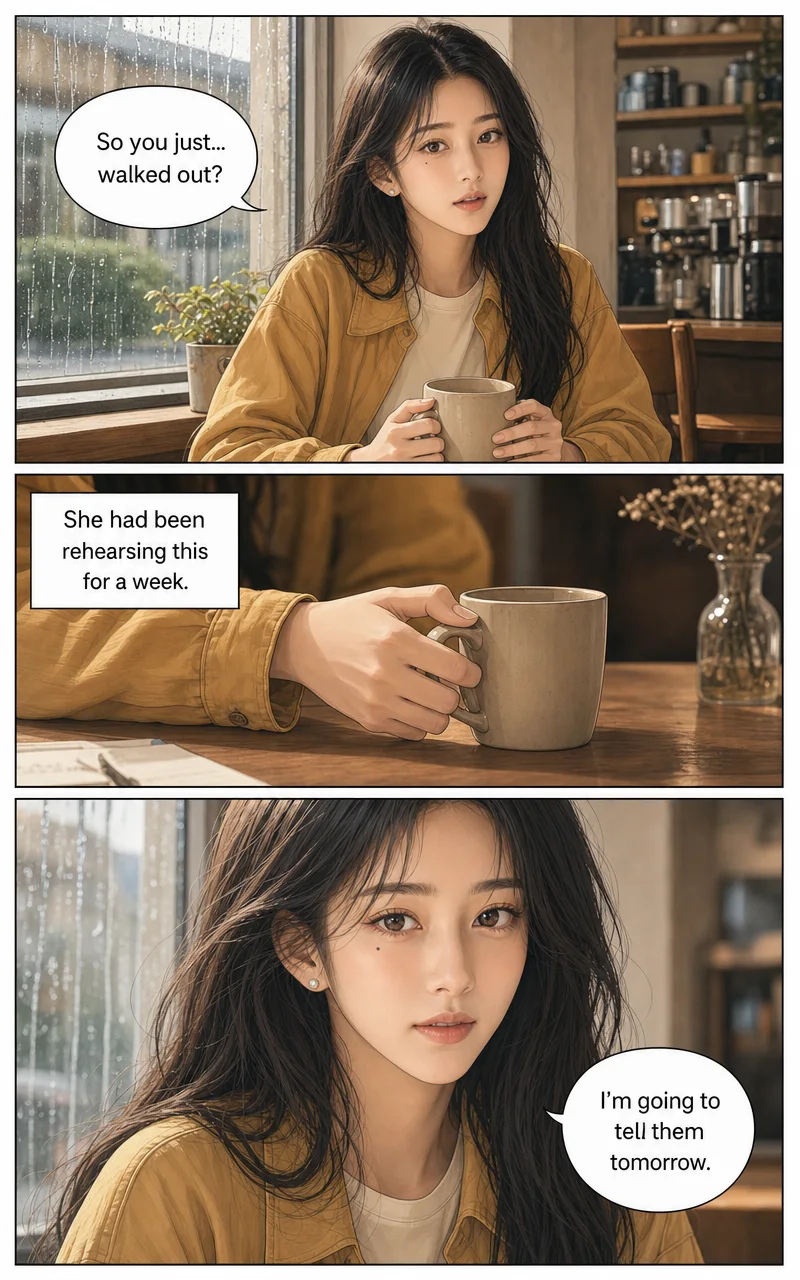 A second vertical section with the same woman at a cafe table holding a mug, a narration box reading “She had been rehearsing this for a week,” and a close-up where she says “I’m going to tell them tomorrow.”