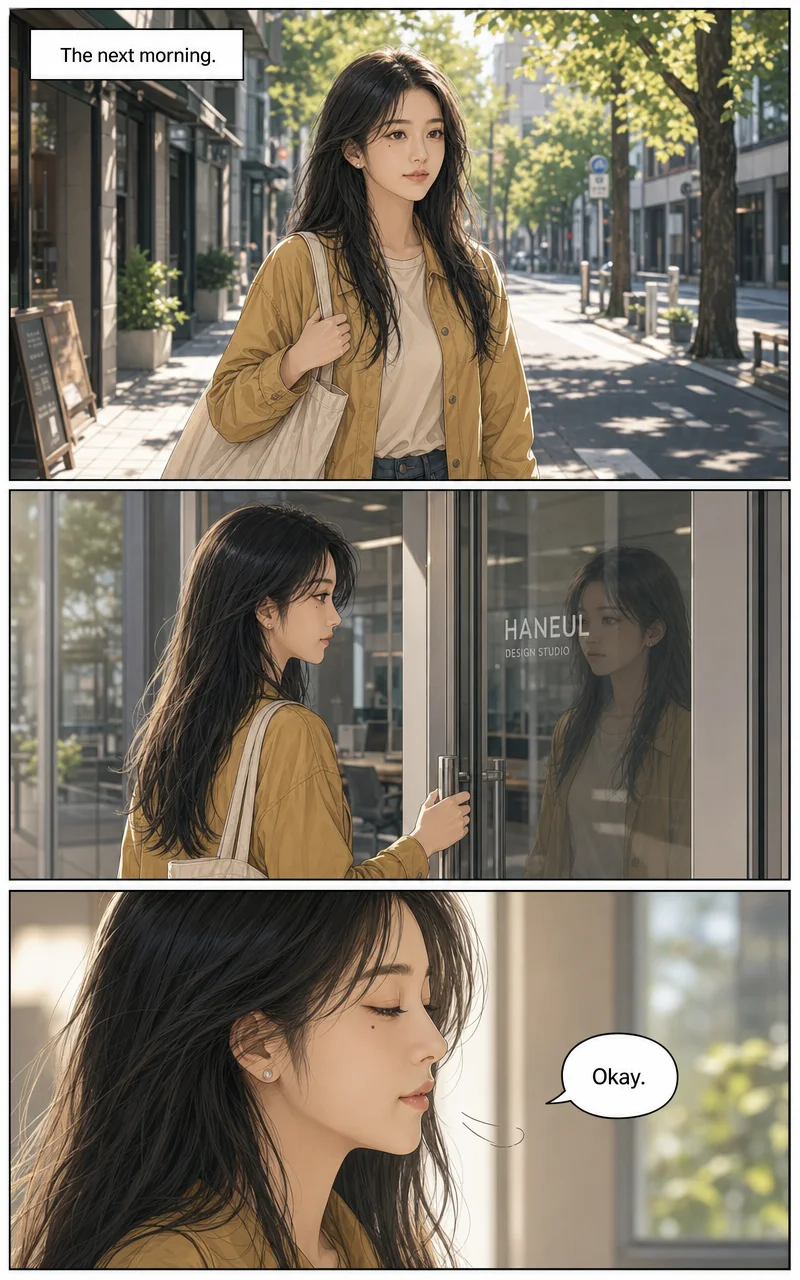 A third vertical section with the same woman walking a sunlit street under a narration box reading “The next morning,” pausing at a glass office door, then a close-up of her breathing out and saying “Okay.”