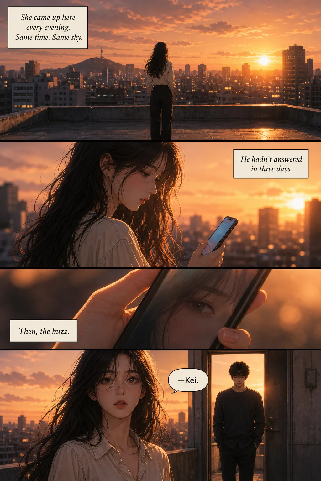 Example webtoon page — vertical-scroll format with cinematic sunset atmosphere, same character locked across four stacked panels, dialogue balloons and thought captions. Demonstrates the WEBTOON CANVAS 800-wide vertical composition that creators publish on the platform.