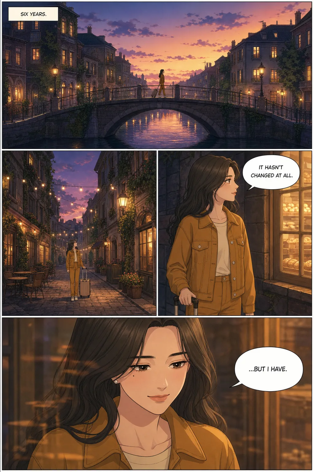Comic page, Arriving at dusk, run 1 of 3. Panel 1: an extreme wide shot of Mira, tiny, crossing a stone bridge over a canal at sunset, caption Six years. Panel 2: a wide shot of her in a lit cobbled lane with her suitcase. Panel 3: a medium shot at a bakery window, balloon It hasn't changed at all. Panel 4: a close-up of her face, balloon But I have. Same face, beauty mark and ochre jacket as the reference sheet.