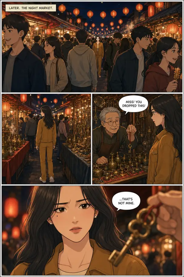 Night market, run 1 of 3 — full comic page, first attempt, opens full size.
