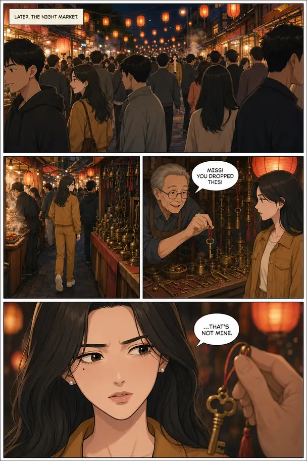 Night market, run 2 of 3 — full comic page, first attempt, opens full size.