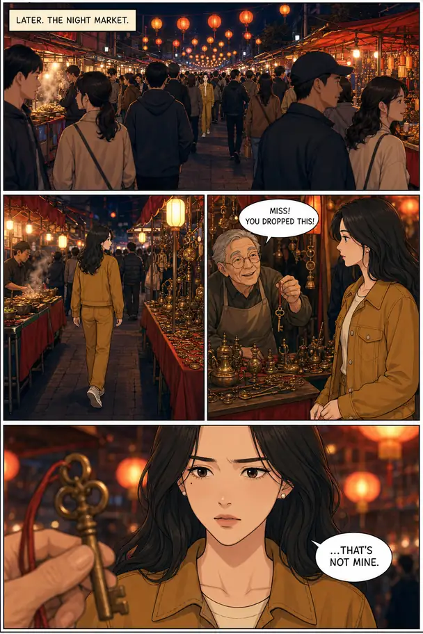 Night market, run 3 of 3 — full comic page, first attempt, opens full size.