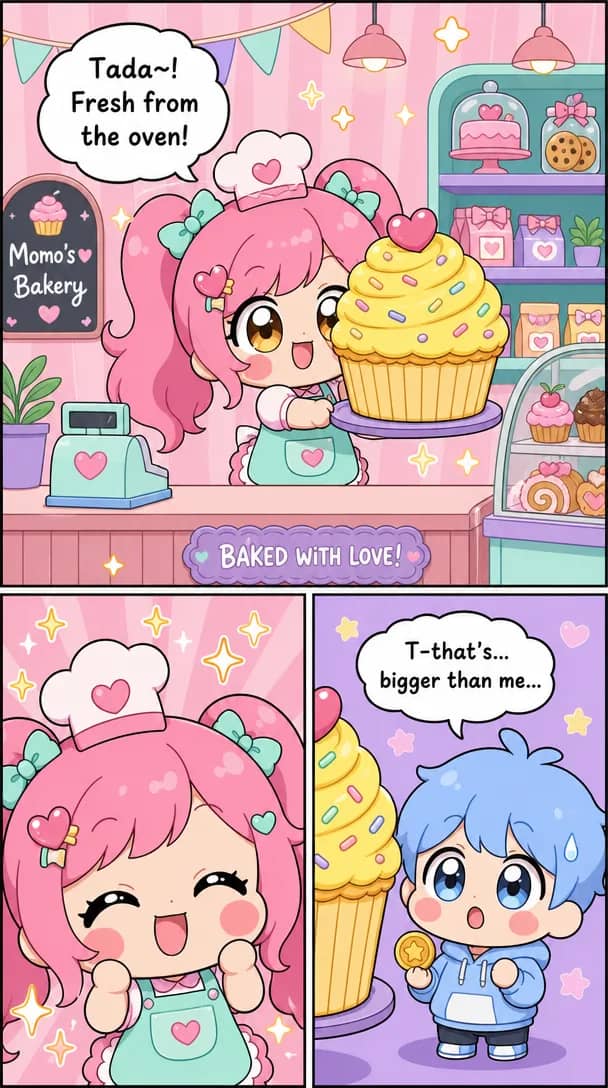 A pink-haired girl in a chef's hat presents an enormous frosted cupcake in a pastel bakery while a small boy stares up at it