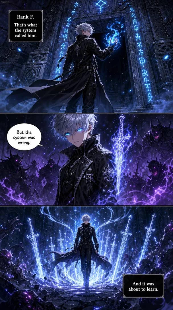 Manhwa sample — Korean webtoon style, full color with cinematic lighting, left-to-right vertical scroll reading direction