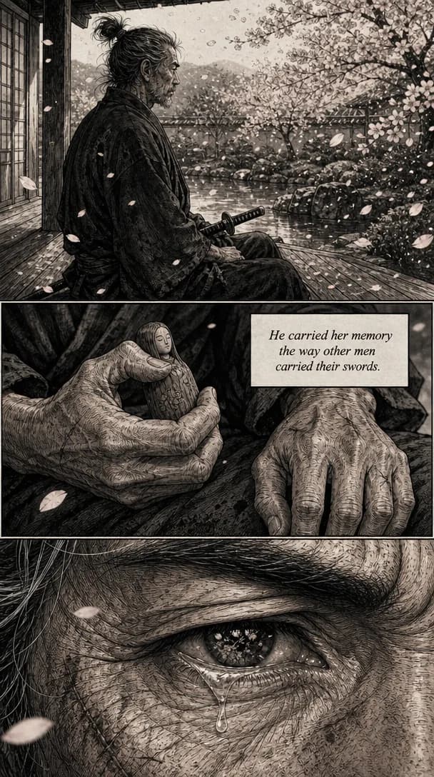 Dense monochrome linework with cinematic framing and mature character composition.