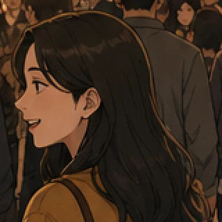 Crop from the crowd panel: a background woman in an ochre jacket with long dark wavy hair, smiling in profile — not Mira.