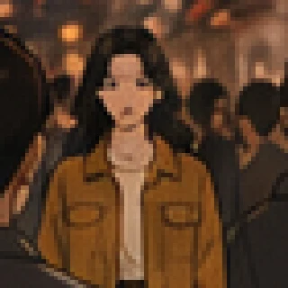Crop from the same crowd panel: Mira herself, small in the middle distance, in the ochre jacket and matching trousers.